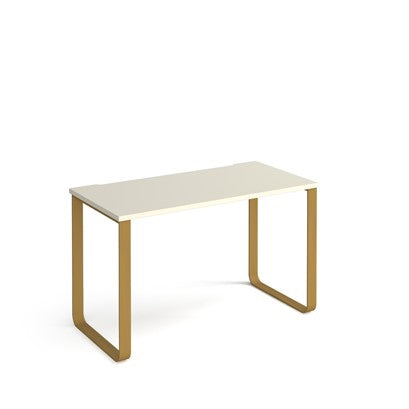 Minimalist desk with white top and gold legs on a white background