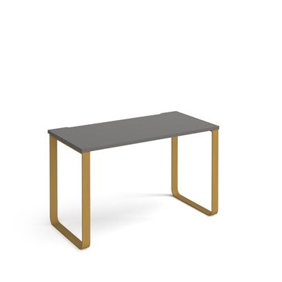 Small desk with a gray top and gold legs on a white background
