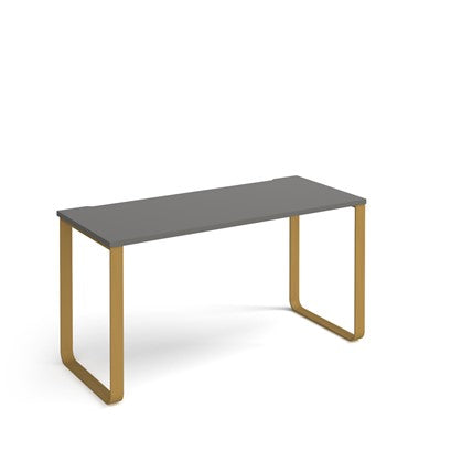 Desk with gray top and gold legs on a white background