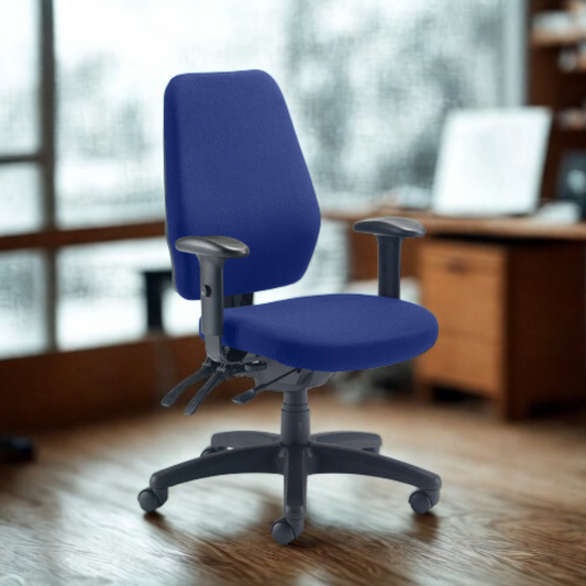Blue office chair in an office setting with a desk and window in the background
