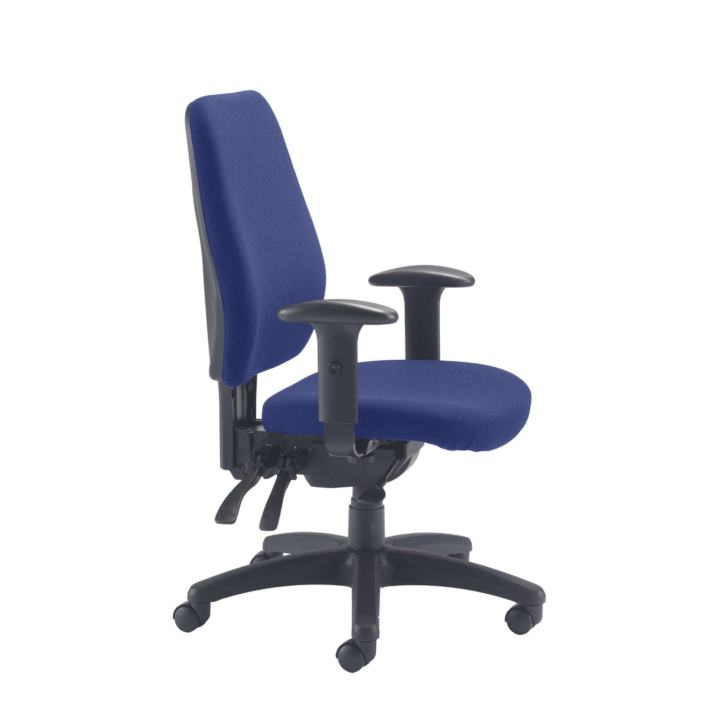 Blue office chair with black base on a white background