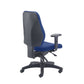 Blue office chair with black backrest on a white background