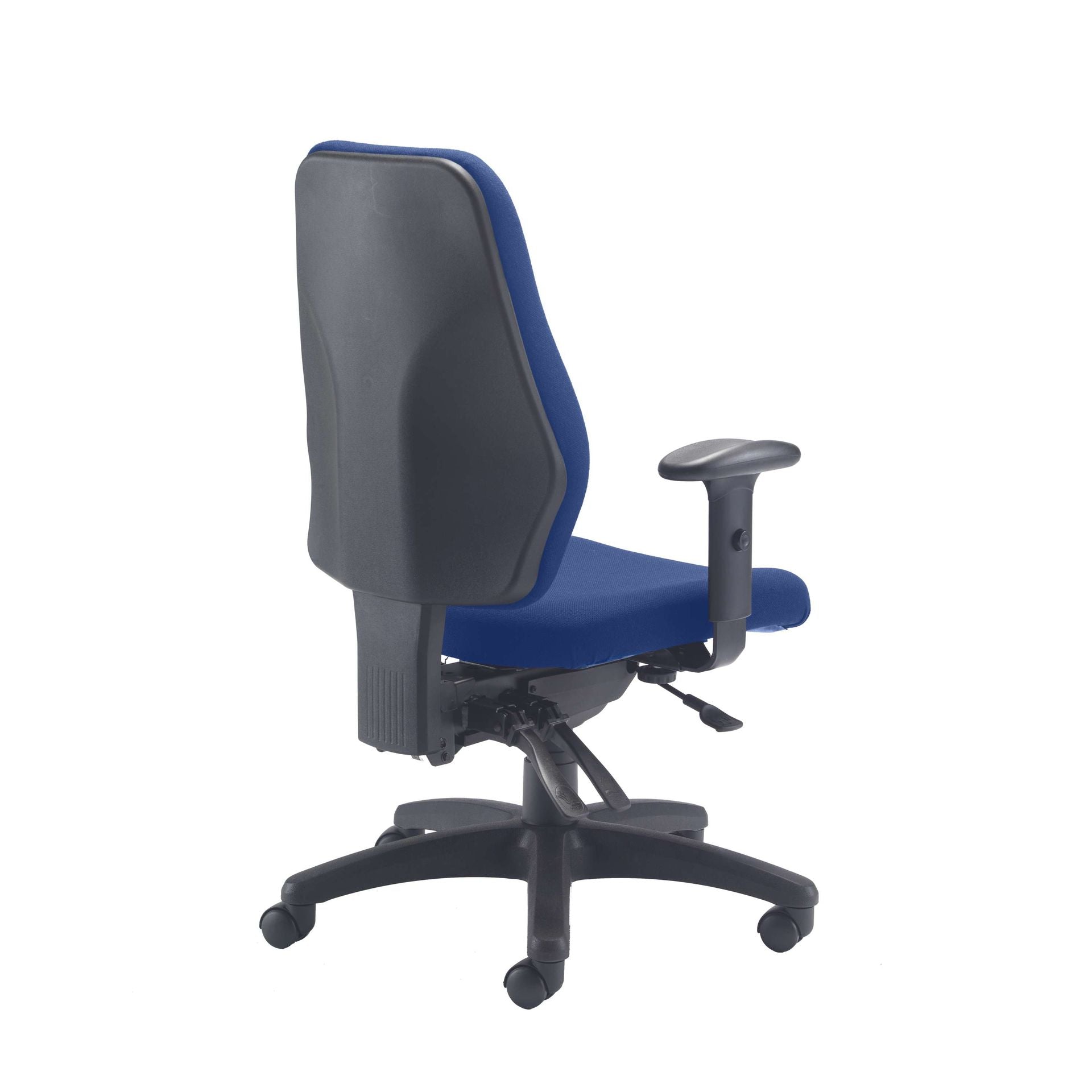 Blue office chair with black backrest on a white background