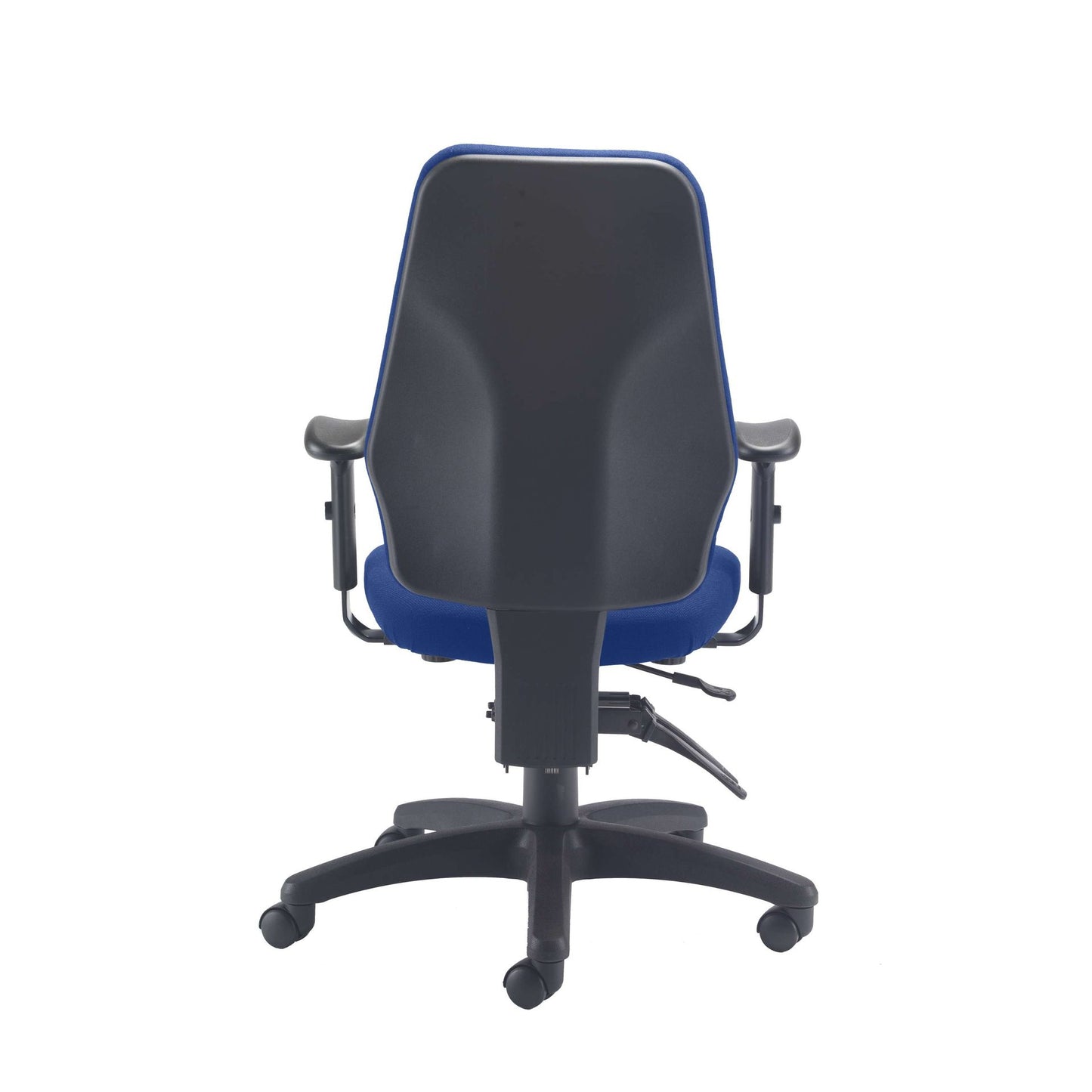 Blue office chair with blue seat on a white background. 