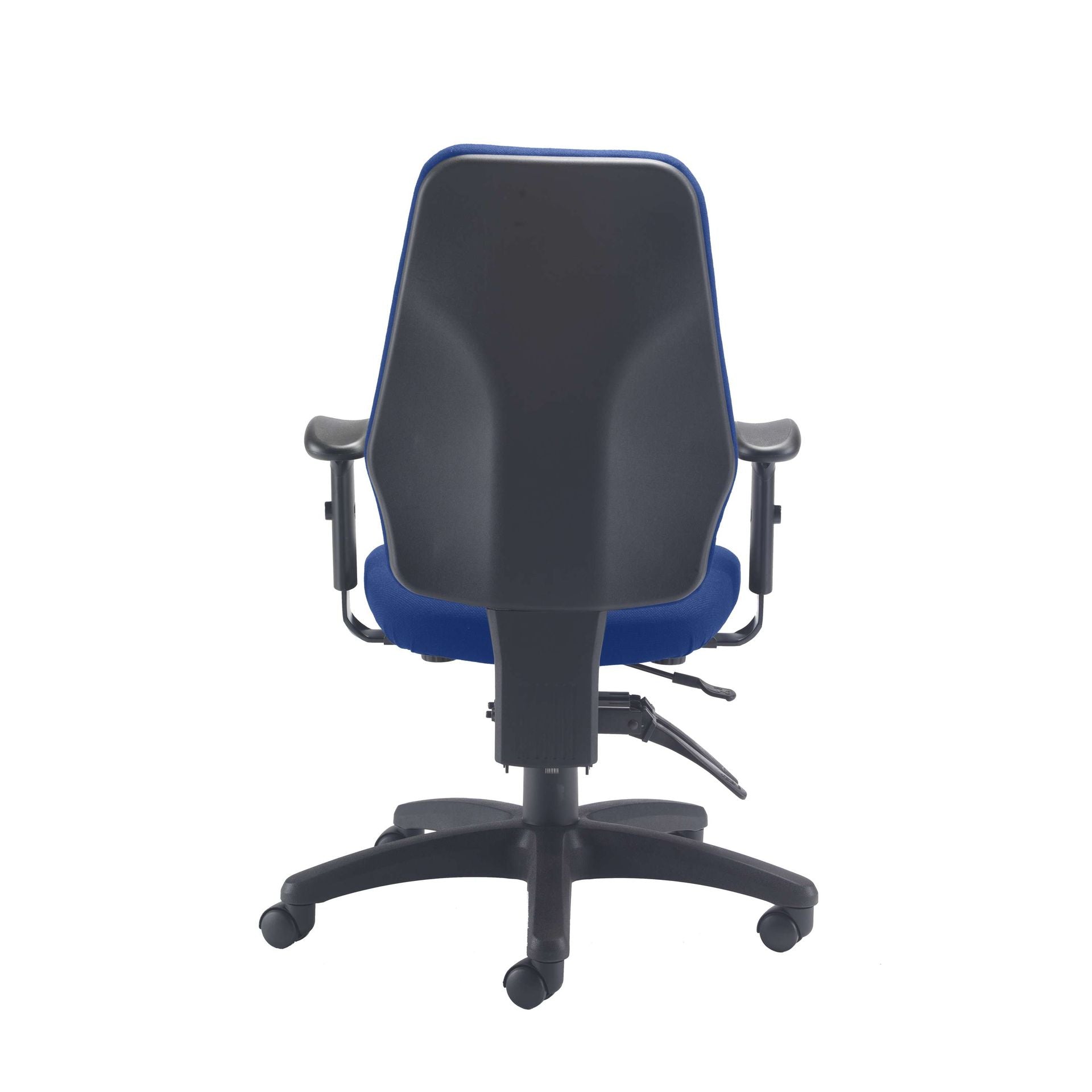 Blue office chair with blue seat on a white background. 