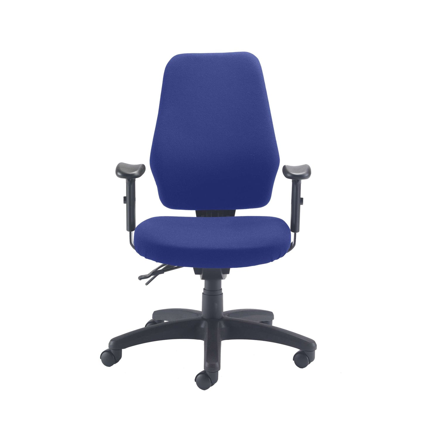 Blue office chair with black base and armrests on a white background
