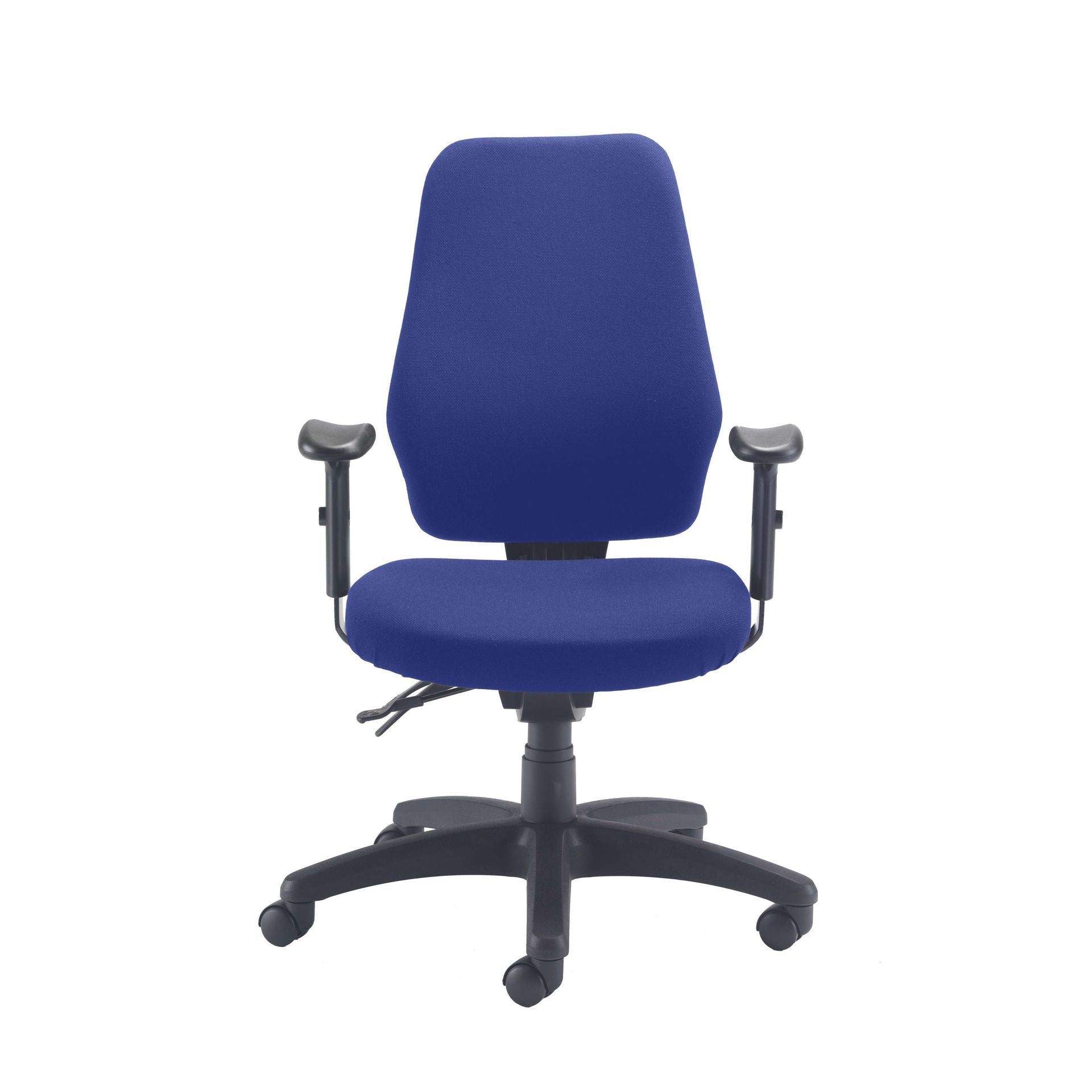 Blue office chair with black base and armrests on a white background