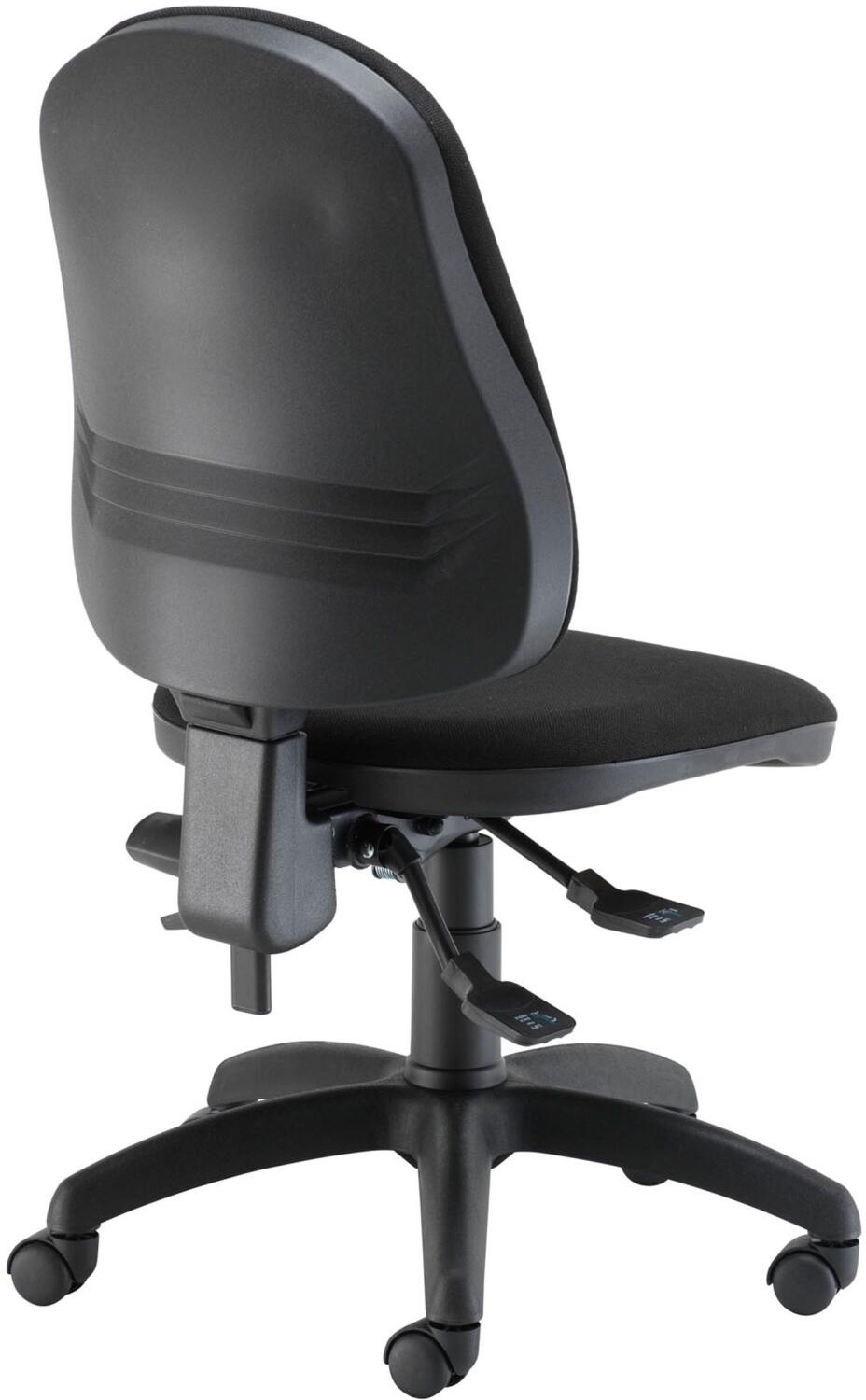 Black office chair with adjustable features on a white background