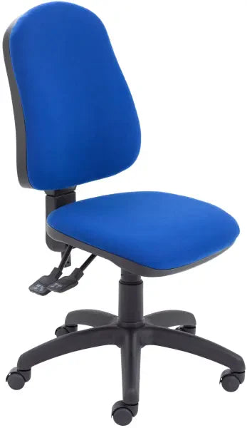 Blue office chair with black base on a white background