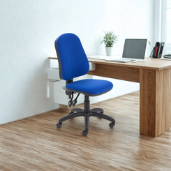 Blue office chair in front of a wooden desk with a laptop and books.