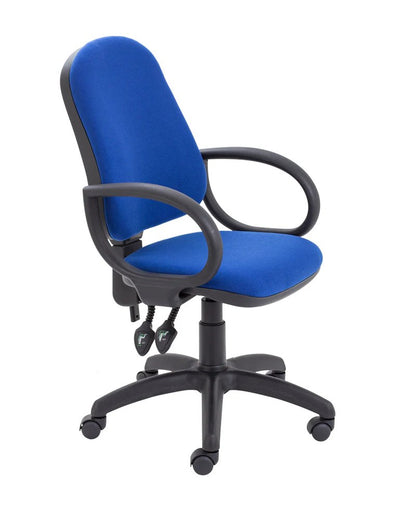 A high back operator chair with a black upholstered backrest and seat, featuring adjustable armrests, a five-star base with castors, and control levers for height and tilt.