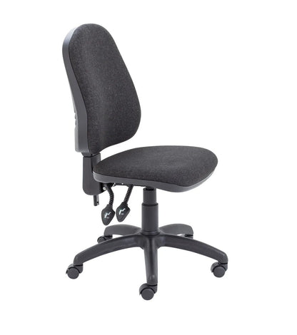 A high back operator chair with a black upholstered backrest and seat, featuring adjustable armrests, a five-star base with castors, and control levers for height and tilt.