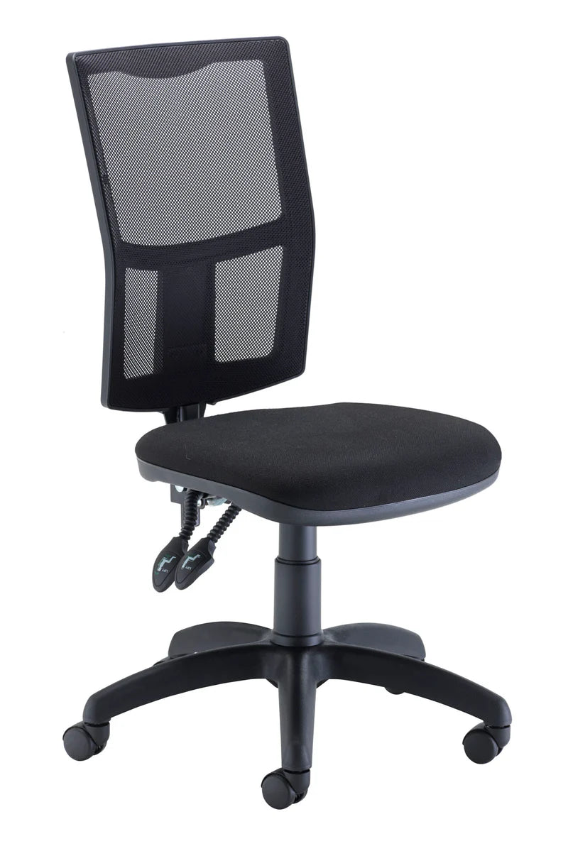Black office chair with mesh backrest on a white background