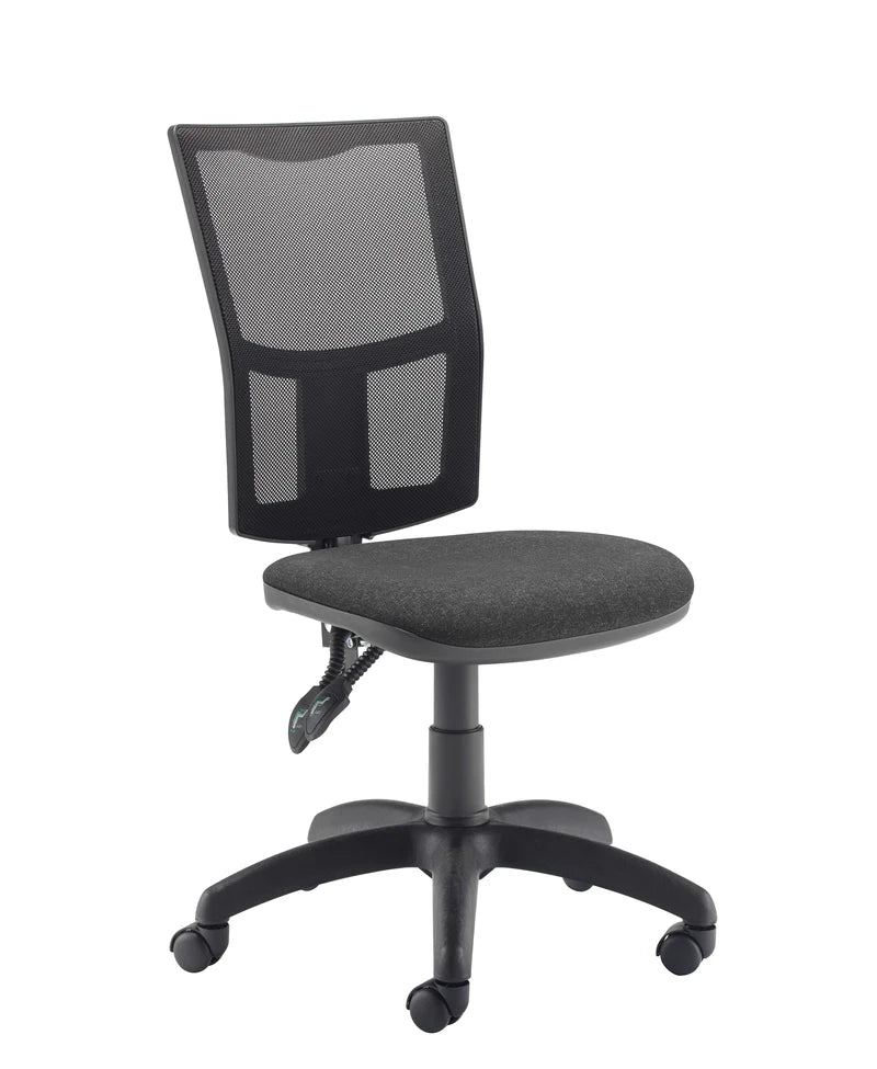 Black office chair with mesh backrest on a white background