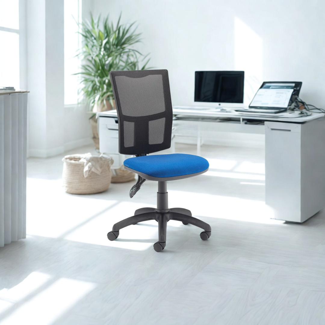 Blue office chair in a bright room with a desk and computer setup.
