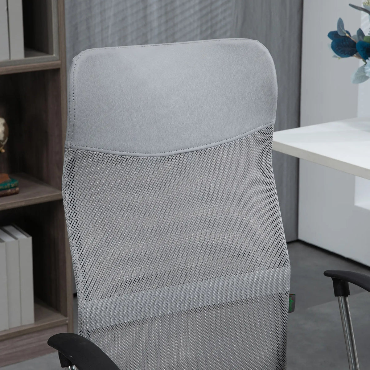 Grey mesh office chair with adjustable height and supportive backrest