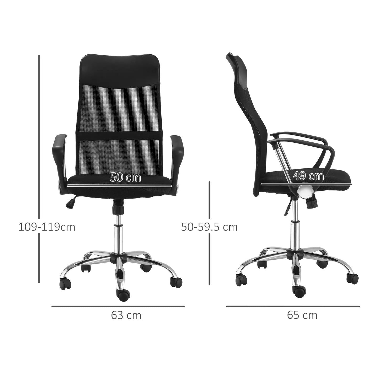 Black office chair with dimensions indicated on a white background