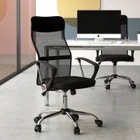 Modern office chair with mesh back and wheels in a professional setting