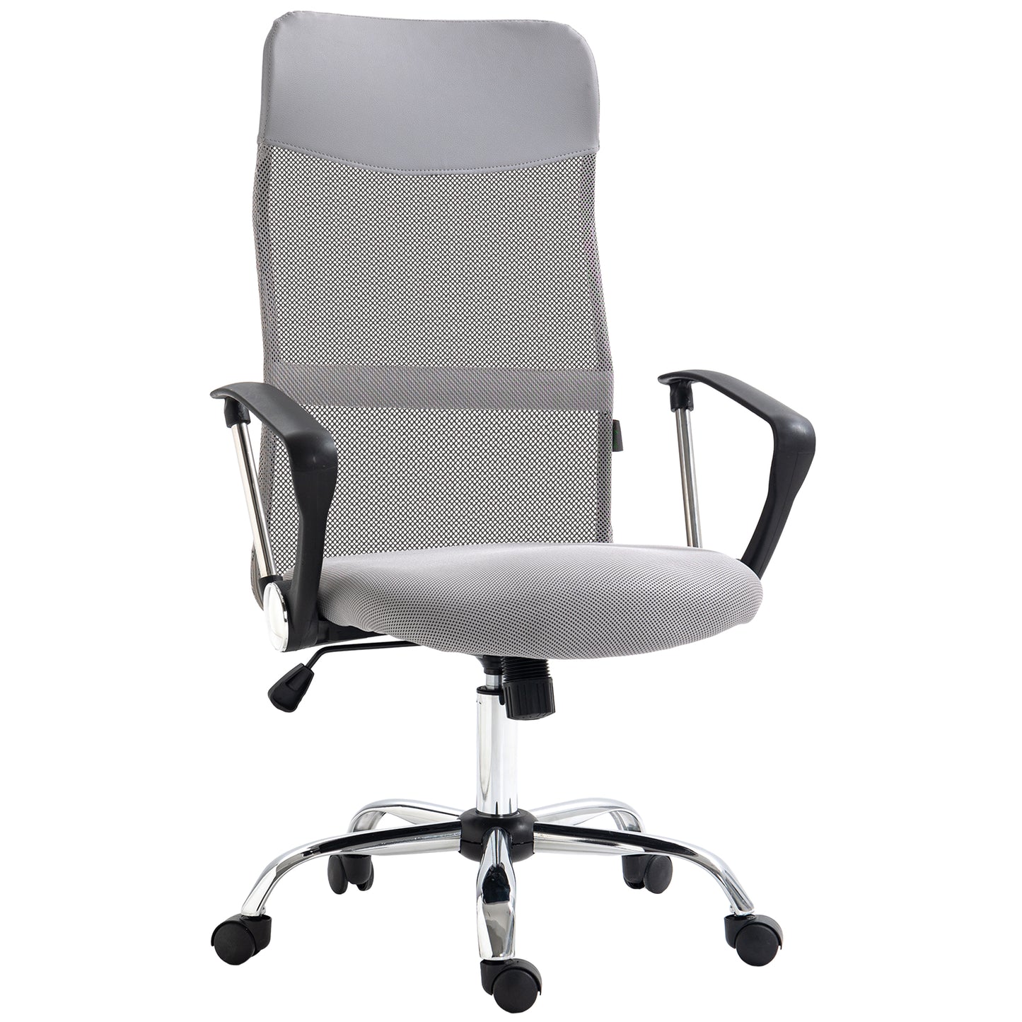 Gray office chair with mesh back and black armrests on a white background