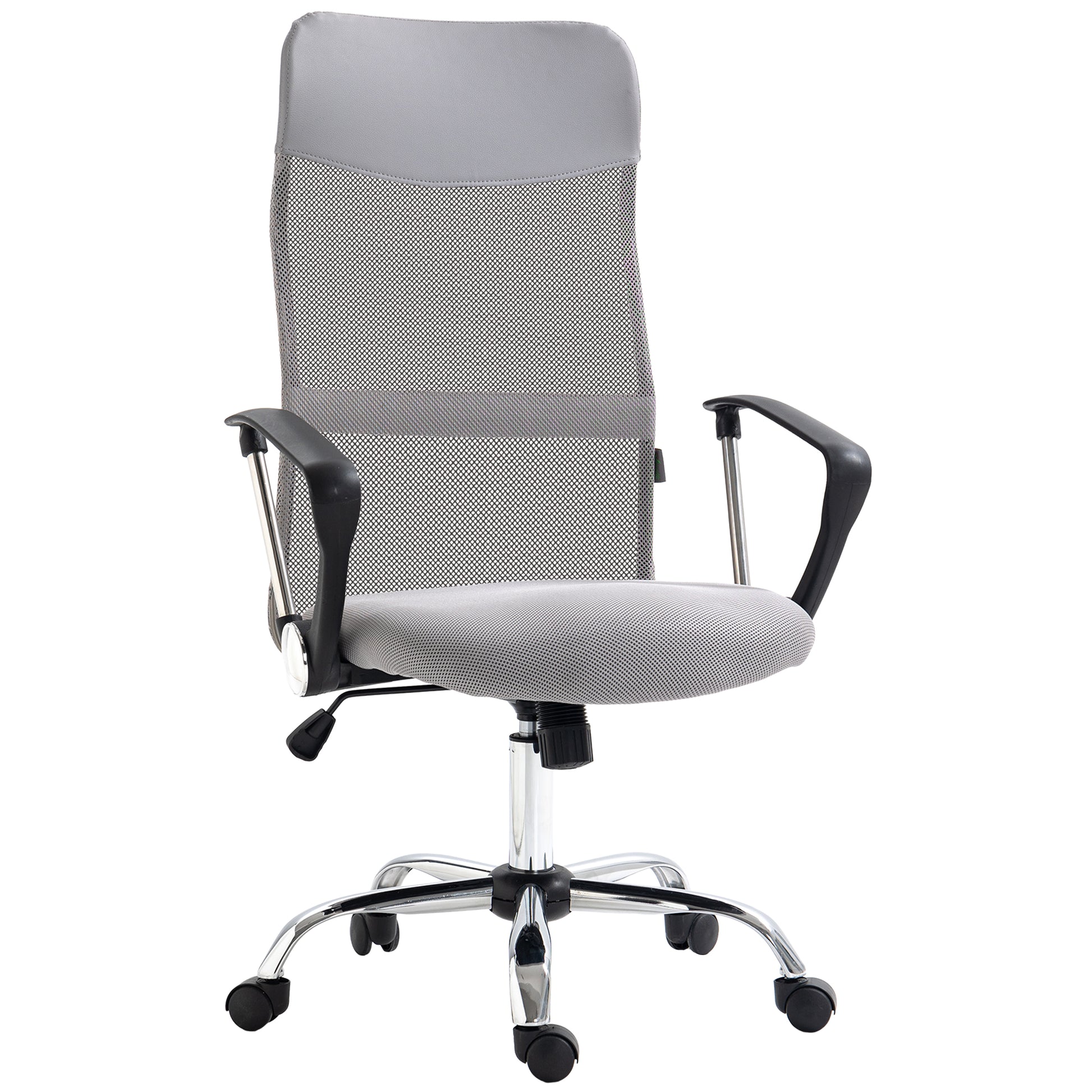 Gray office chair with mesh back and black armrests on a white background