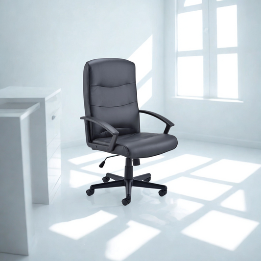 Black office chair in a bright, minimalistic room with large windows.