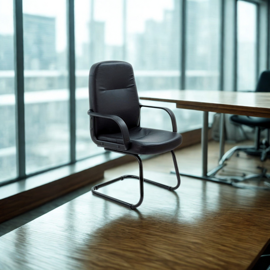 Brown office chair in a modern office setting with large windows.