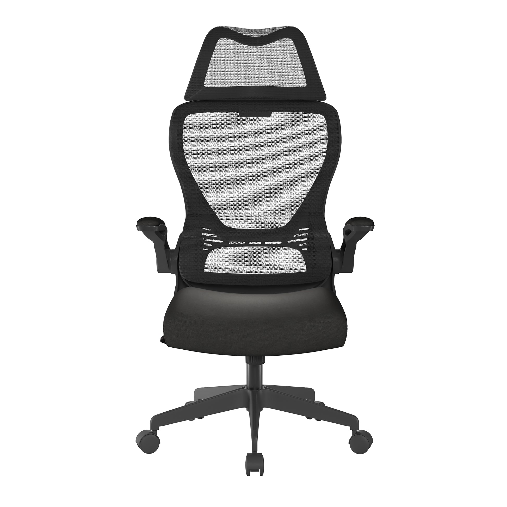 Black office chair with mesh back on a white background