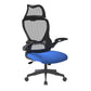 Blue office chair with black mesh back on a white background