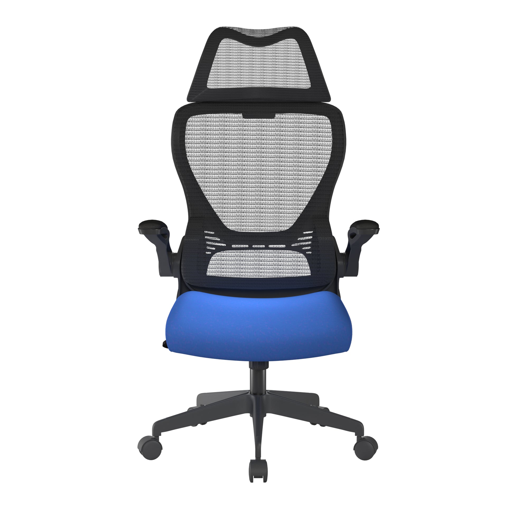 Blue office chair with mesh back on a white background