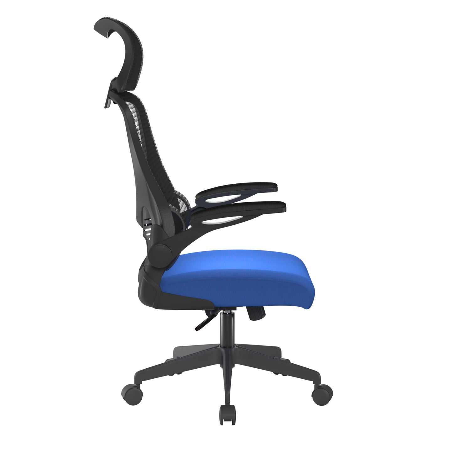 Blue office chair with black mesh backrest on a white background