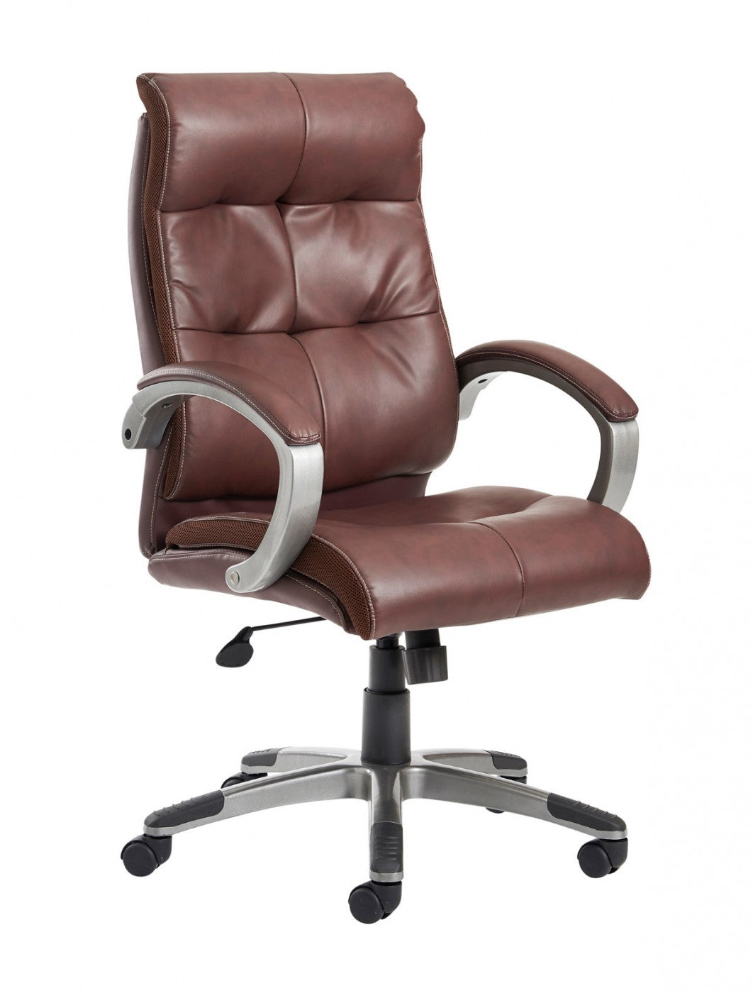 Brown office chair with silver accents on a white background