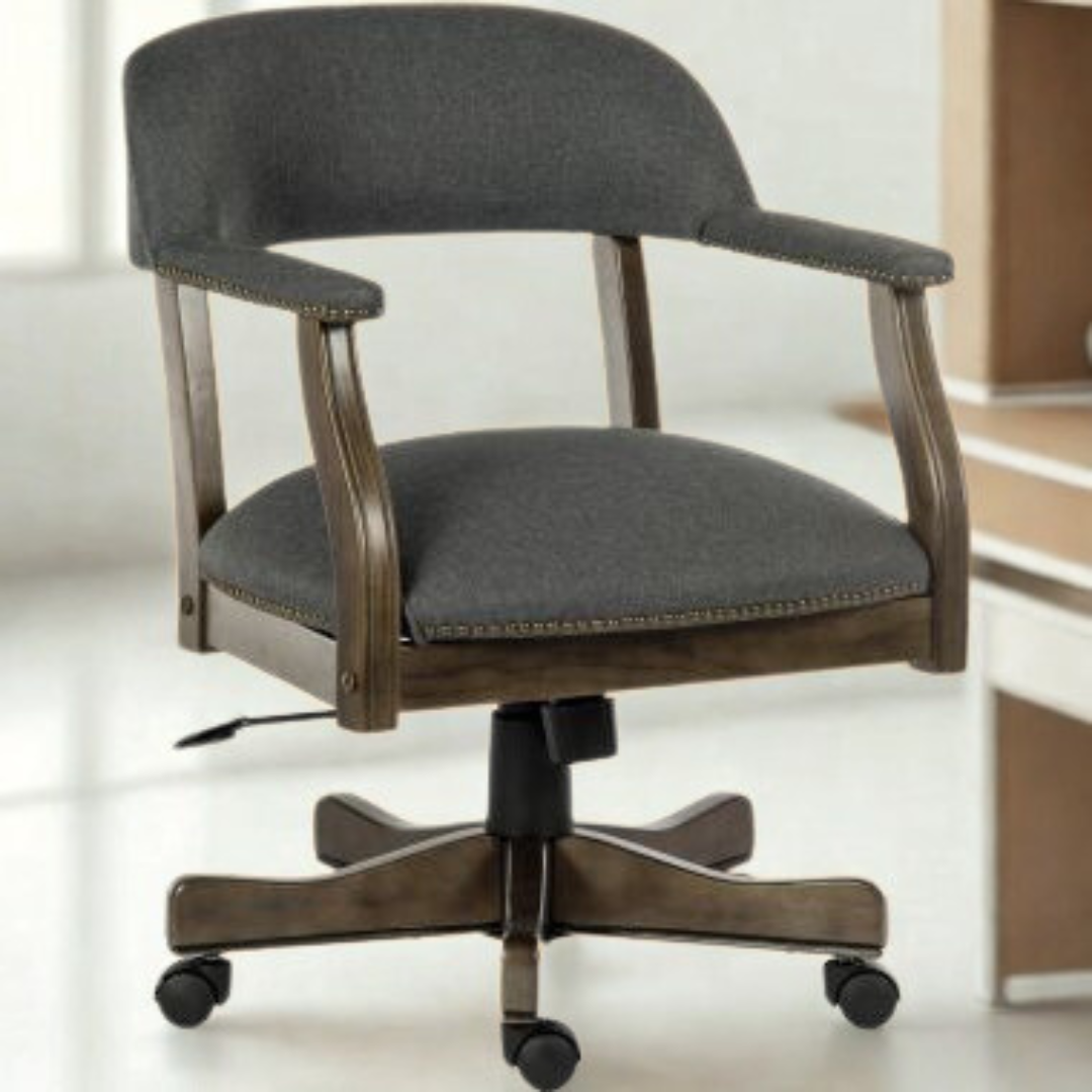 Gray office chair with wooden frame on a light background