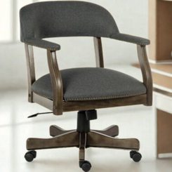 Gray office chair with wooden frame on a light background