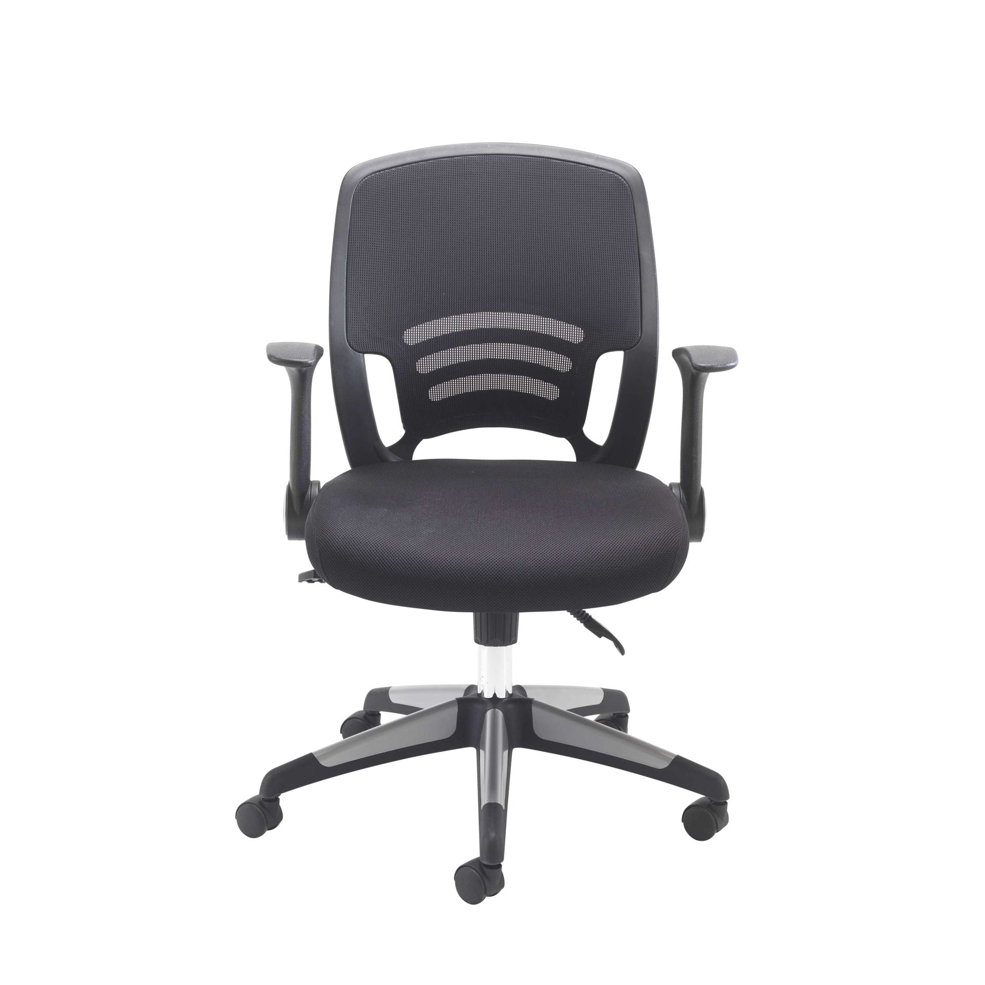 Black office chair with mesh backrest on a white background