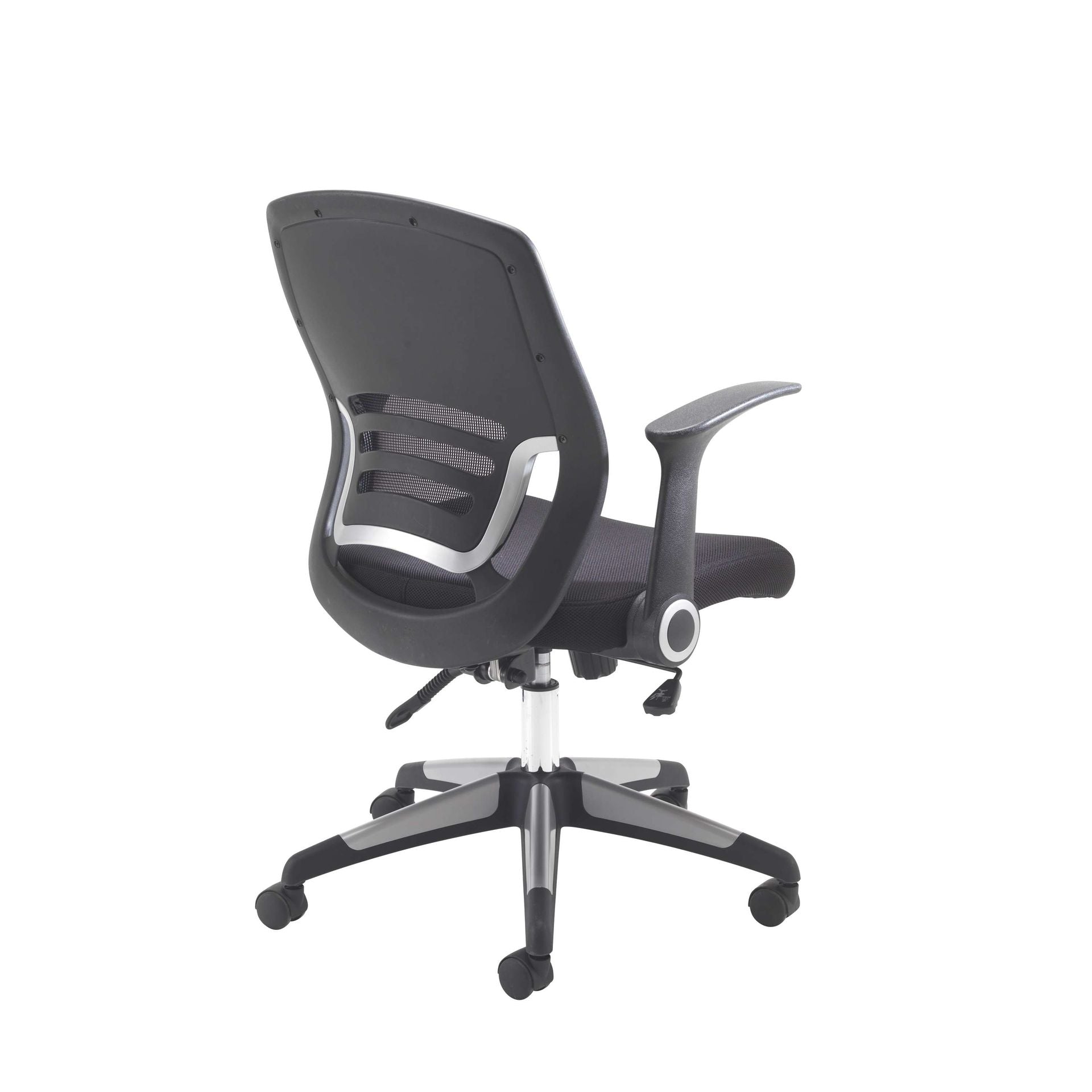 Black office chair with adjustable armrests on a white background