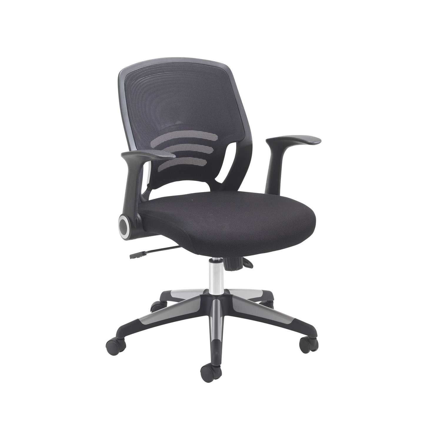 Black office chair with mesh back on a white background