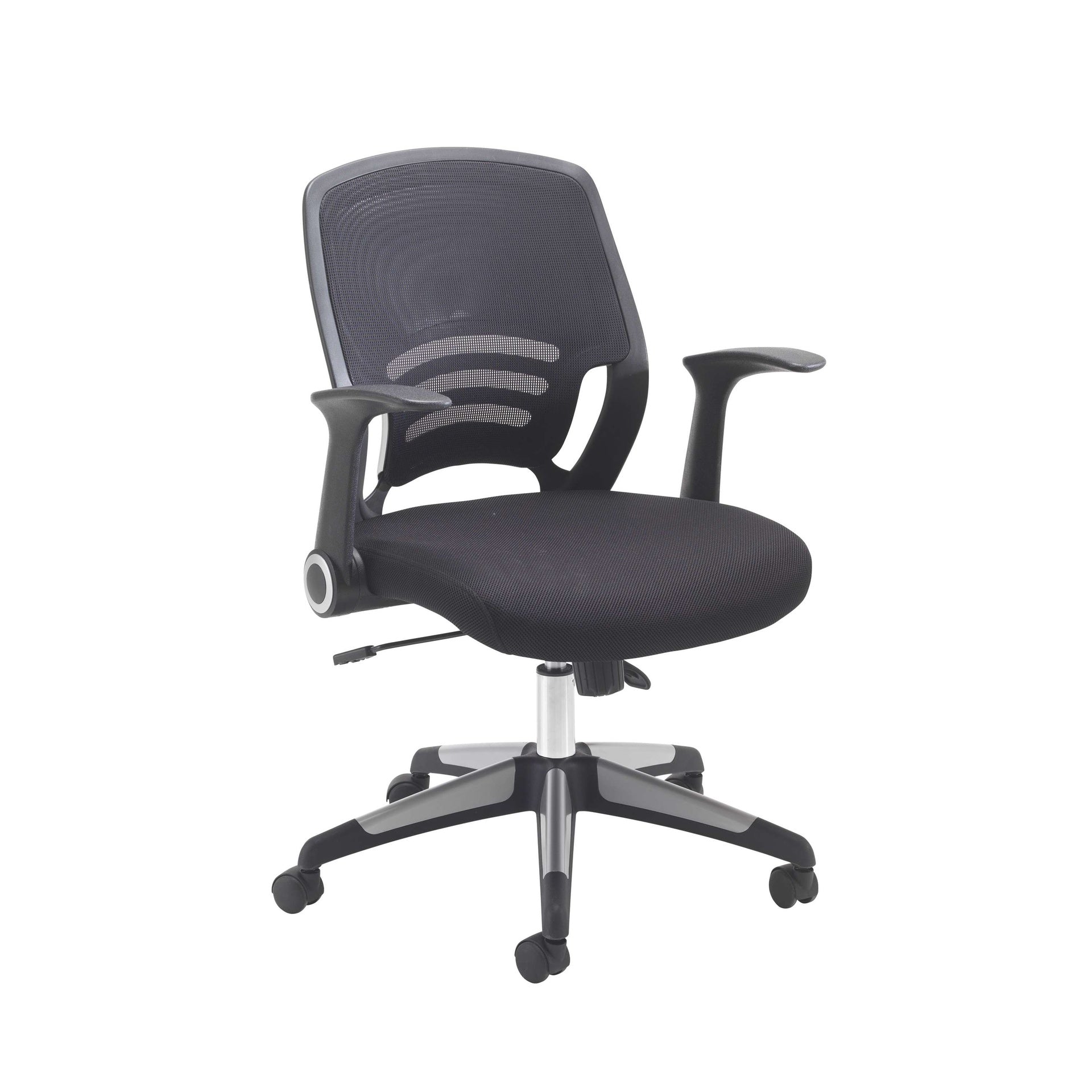 Black office chair with mesh back on a white background