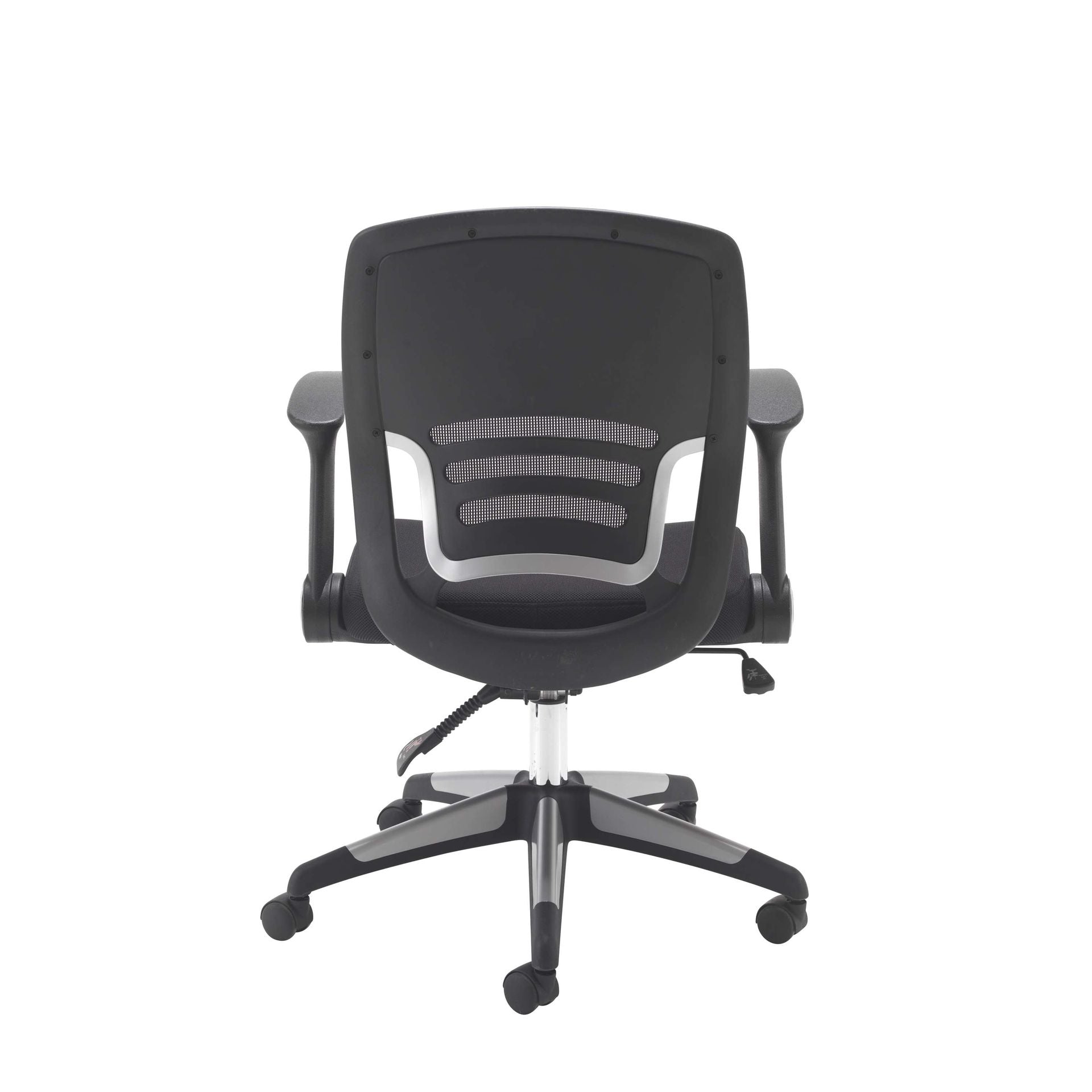 Black office chair with mesh back on a white background