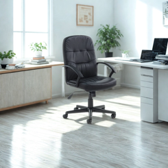 Black office chair in a bright office setting with a desk and plants.
