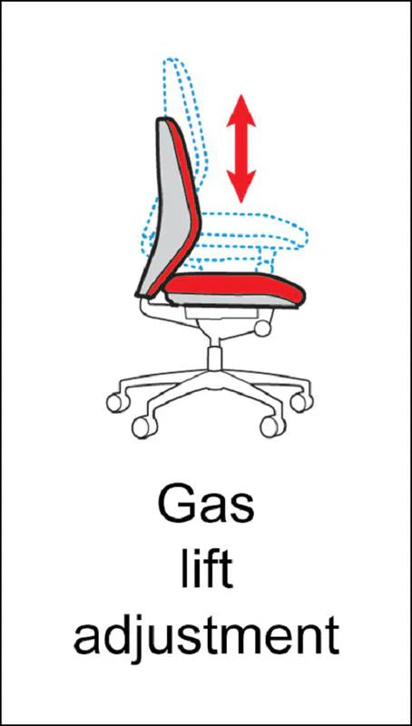 Diagram of an office chair with gas lift adjustment feature on a white background