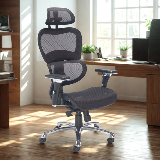 Ergonomic office chair in a bright office setting with wooden desks and windows.