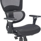 A black ergonomic office chair with a mesh backrest and headrest, adjustable armrests, and a chrome base.
