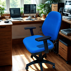 Blue office chair in front of a wooden desk with multiple computer monitors.