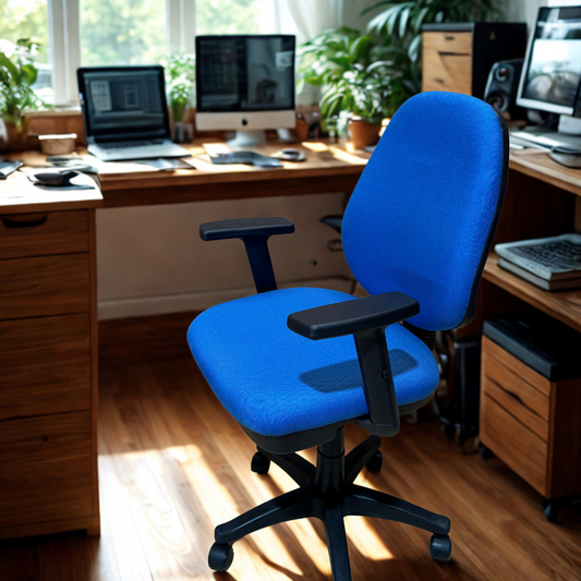 Blue office chair in front of a wooden desk with multiple computer monitors.