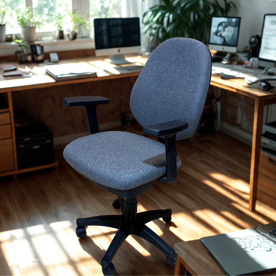 Blue office chair in a home office setting with desks and computers.