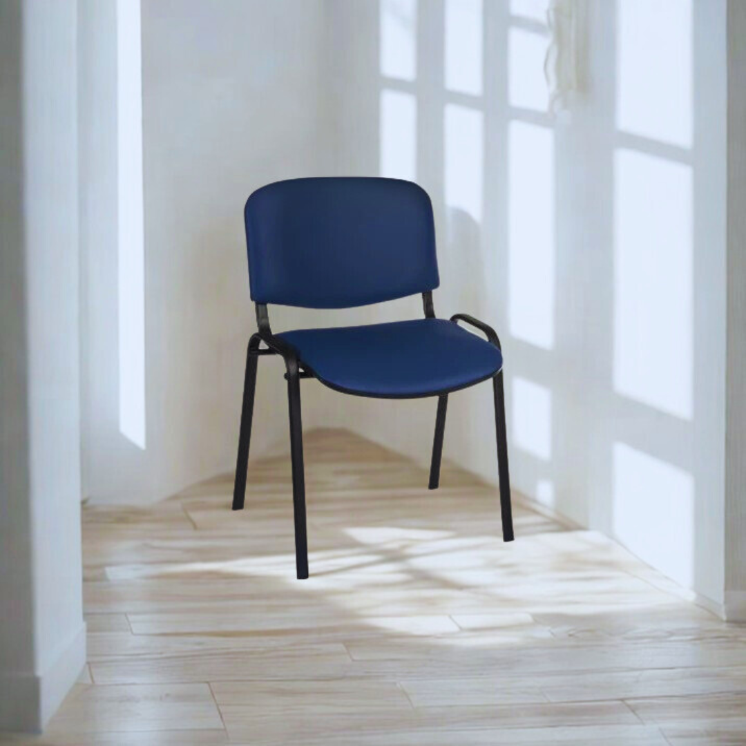 Blue chair with black legs in a room with sunlight filtering through curtains