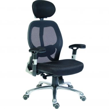 A black mesh office chair with a headrest, adjustable armrests, and a five-wheel base.