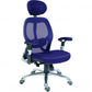 A blue mesh office chair with a headrest, adjustable armrests, and a five-wheel base.