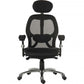 A black mesh office chair with a headrest, adjustable armrests, and a five-wheel base.