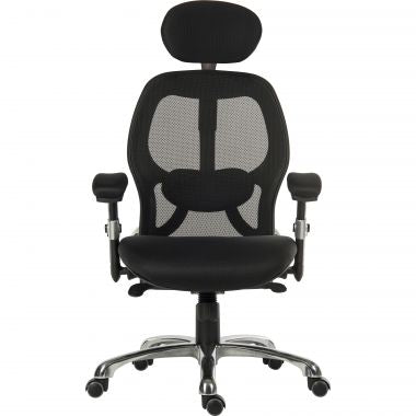 A black mesh office chair with a headrest, adjustable armrests, and a five-wheel base.